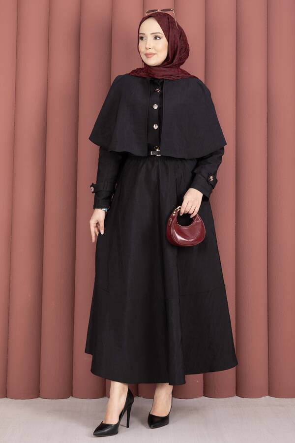 MD - Pelerinli Apolet Detaylı Etekli İkili Takım Siyah