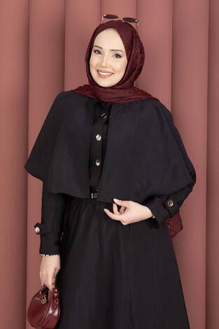 Pelerinli Apolet Detaylı Etekli İkili Takım Siyah - Thumbnail