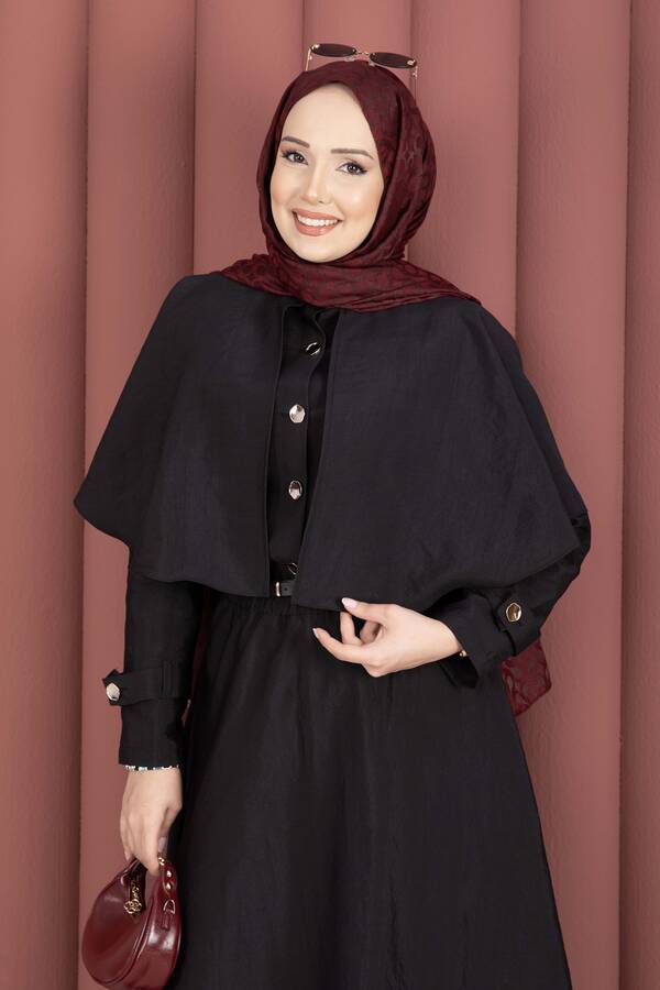 MD - Pelerinli Apolet Detaylı Etekli İkili Takım Siyah (1)