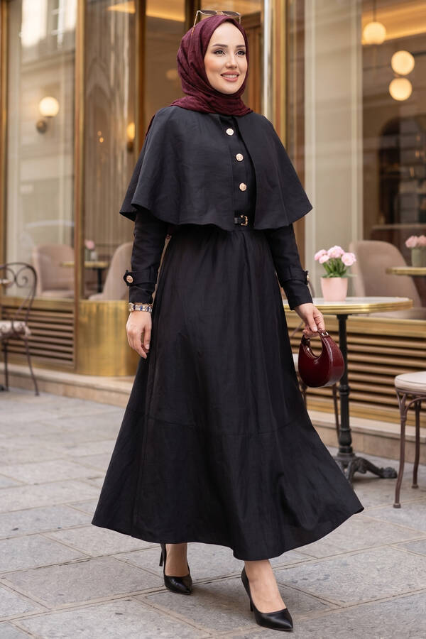 MD - Pelerinli Apolet Detaylı Etekli İkili Takım Siyah