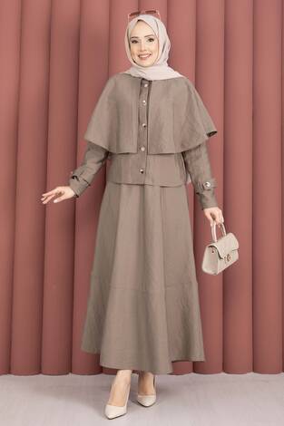 Pelerinli Apolet Detaylı Etekli İkili Takım Vizon - Thumbnail