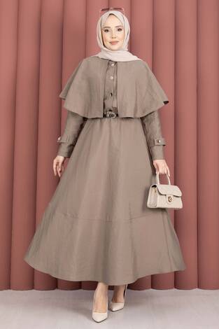 Pelerinli Apolet Detaylı Etekli İkili Takım Vizon