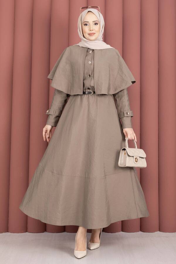 MD - Pelerinli Apolet Detaylı Etekli İkili Takım Vizon