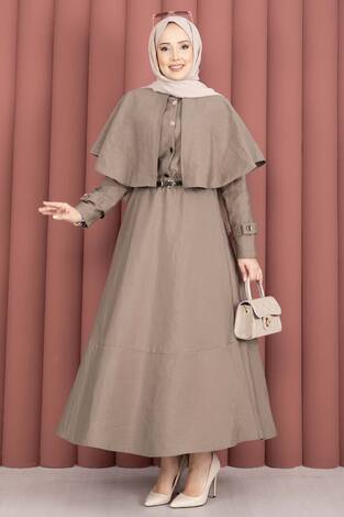 Pelerinli Apolet Detaylı Etekli İkili Takım Vizon - Thumbnail