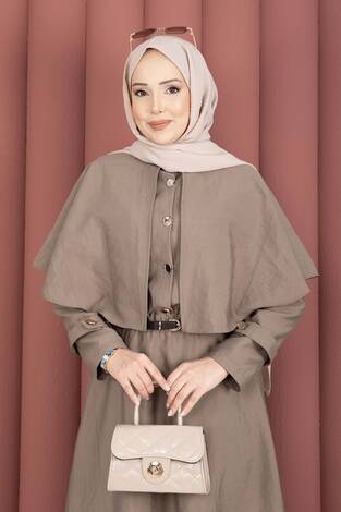 Pelerinli Apolet Detaylı Etekli İkili Takım Vizon - Thumbnail