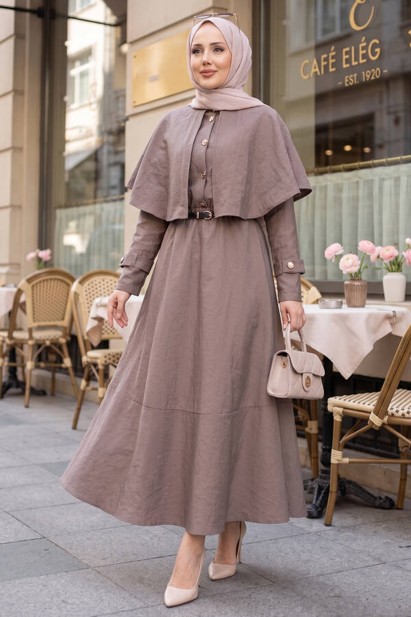 MD - Pelerinli Apolet Detaylı Etekli İkili Takım Vizon