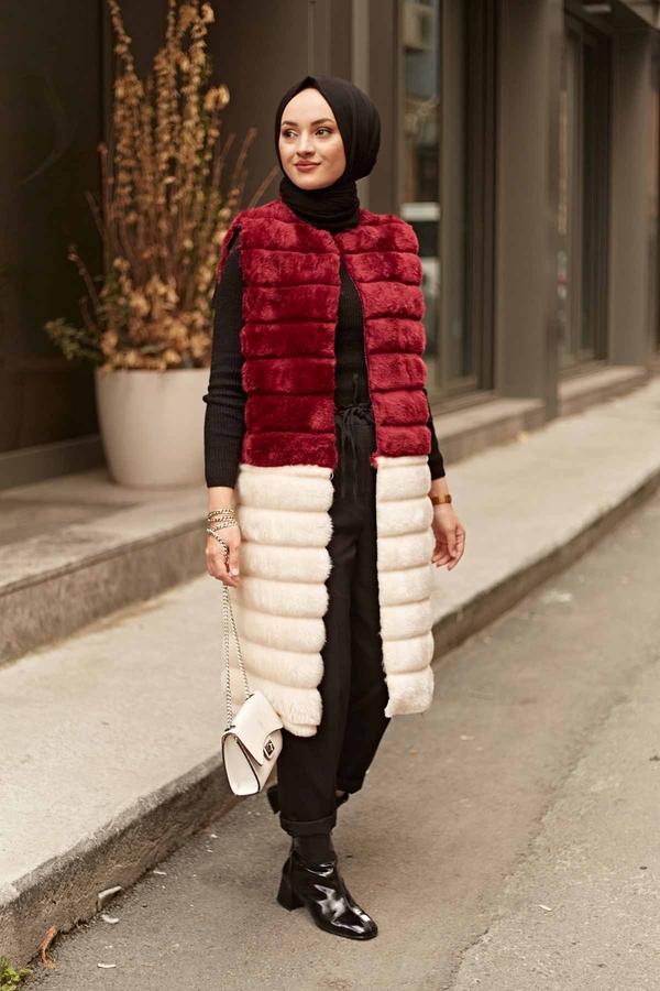  - Peluş Tesettür Yelek 2144-10 Bordo-Ekru