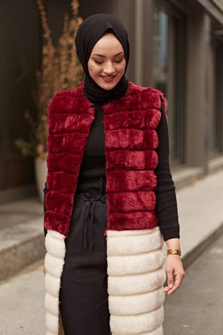 Peluş Tesettür Yelek 2144-10 Bordo-Ekru - Thumbnail
