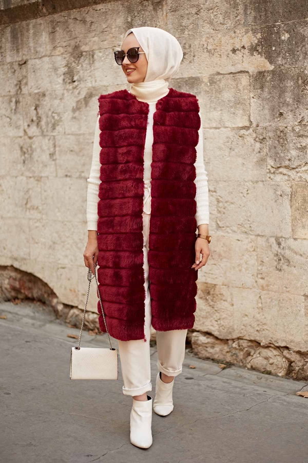  - Peluş Tesettür Yelek 2144-4 Bordo