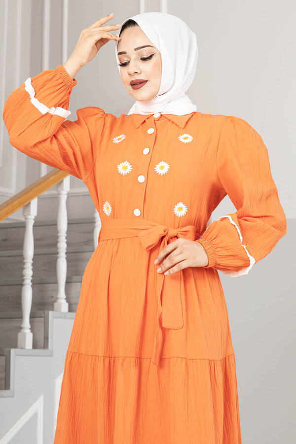 Peri Çiçek Nakışlı Tesettür Elbise Orange