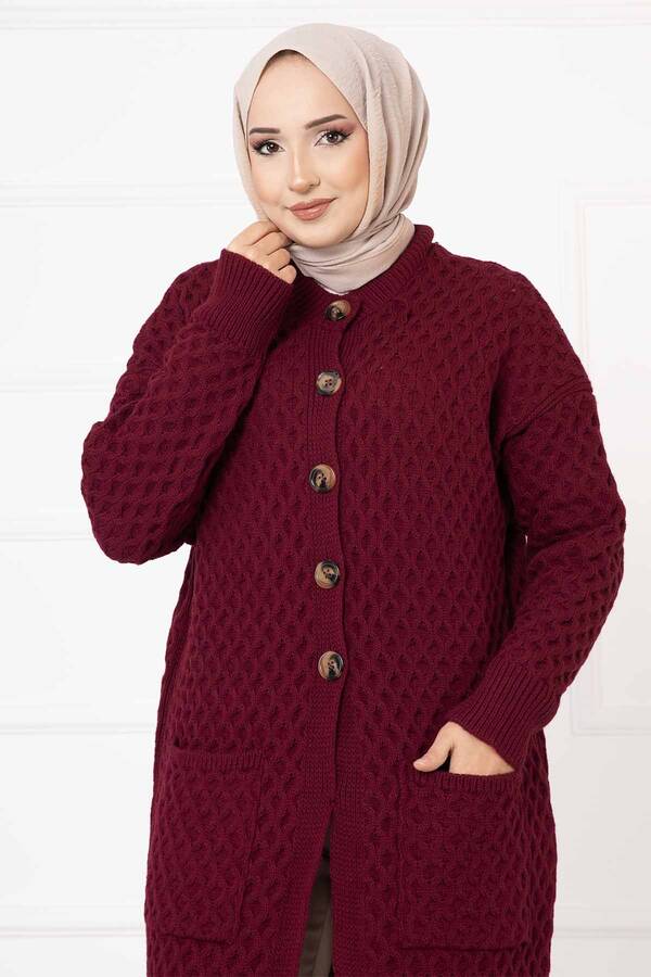 RAF - Petek Desen Düğmeli Hırka Bordo (1)