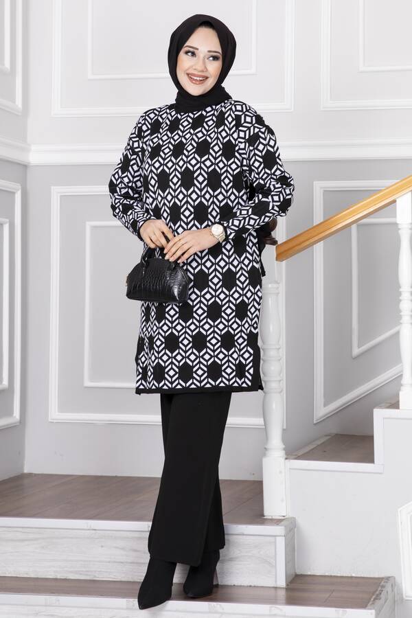 Mi̇ - Petek Desenli Triko Tesettür Takım Beyaz
