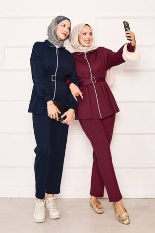 Pile Detaylı Fermuarlı İkili Takım Bordo