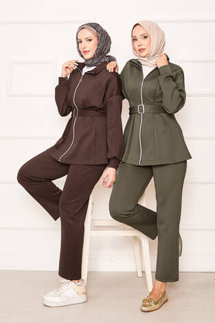 Pile Detaylı Fermuarlı İkili Takım Kahve