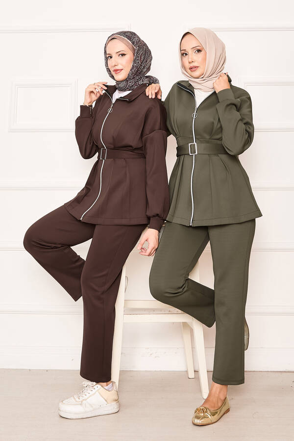 MD - Pile Detaylı Fermuarlı İkili Takım Kahve