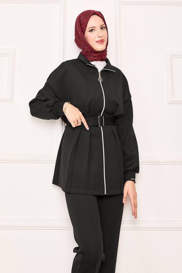 MD - Pile Detaylı Fermuarlı İkili Takım Siyah (1)