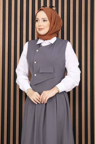 Pile Detaylı Gömlekli Jile Takım Gri - Thumbnail