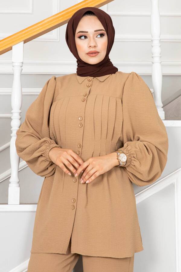 MD - Pile Detaylı İkili Tesettür Takım Camel (1)