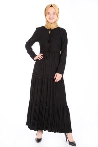 Piliseli Kadife Elbise 6487-01 siyah - Thumbnail