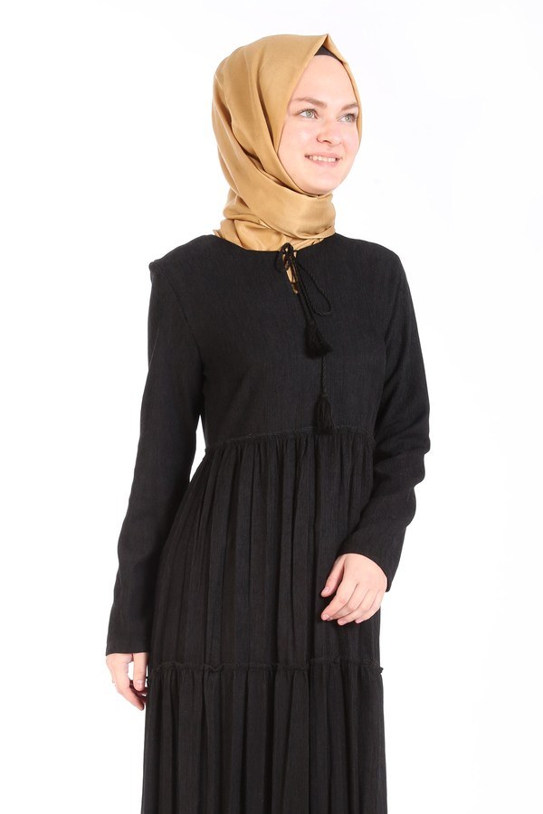 Piliseli Kadife Elbise 6487-01 siyah