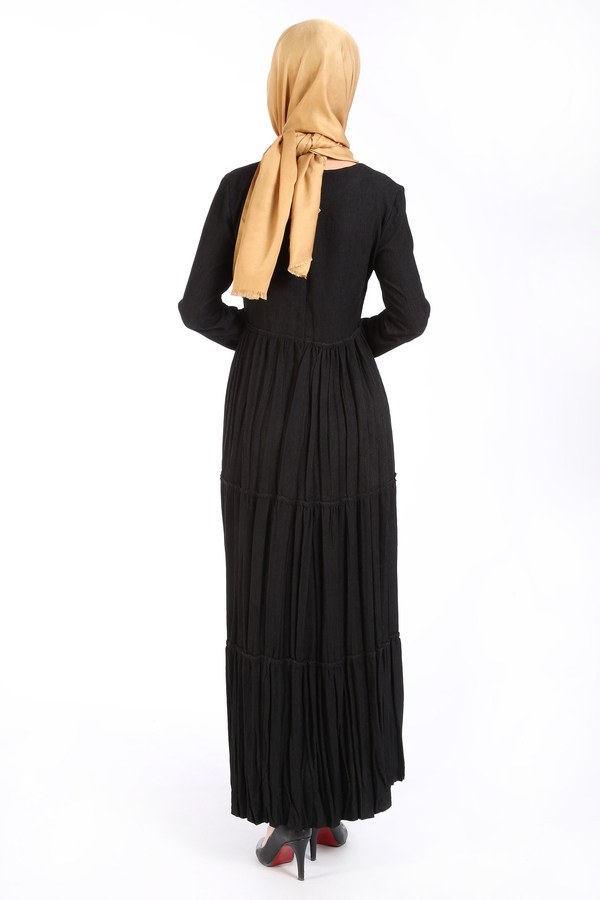 Piliseli Kadife Elbise 6487-01 siyah