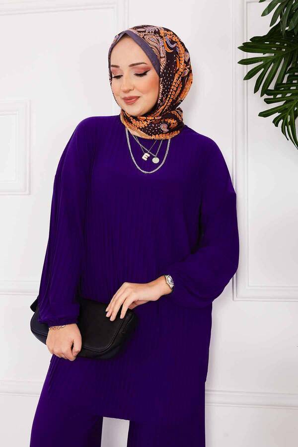 Nz - Piliseli Rahat Kalıp Tesettür İkili Takım Mor (1)