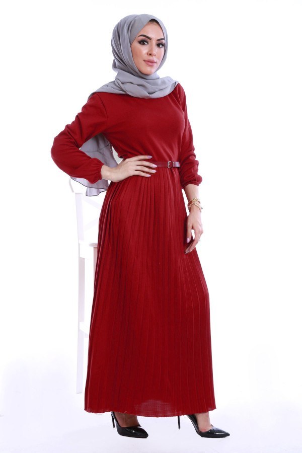 Piliseli Triko Elbise 4530-16 Kırmızı