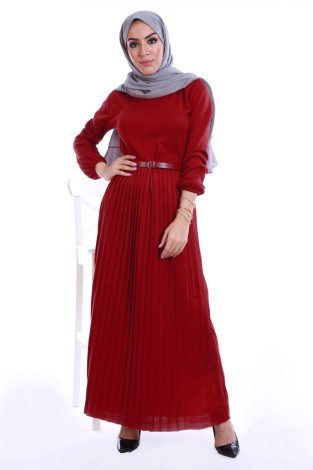 Piliseli Triko Elbise 4530-16 Kırmızı - Thumbnail
