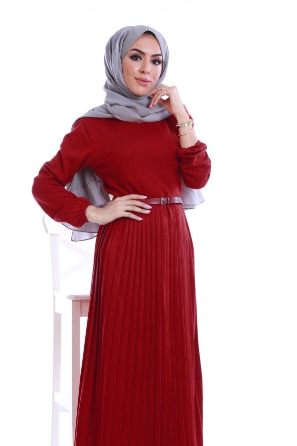 Piliseli Triko Elbise 4530-16 Kırmızı
