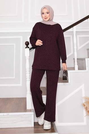 Pırıltılı Bisiklet Yaka İkili Takım Bordo - Thumbnail