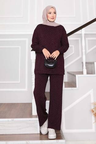 Pırıltılı Bisiklet Yaka İkili Takım Bordo - Thumbnail