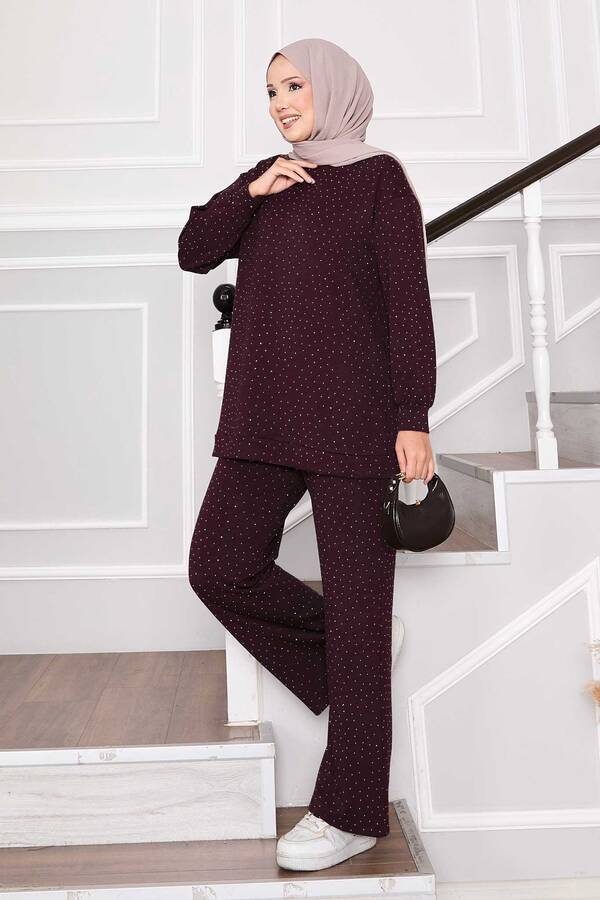 MD - Pırıltılı Bisiklet Yaka İkili Takım Bordo