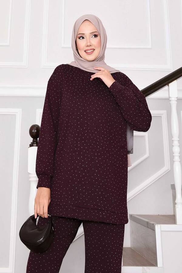 MD - Pırıltılı Bisiklet Yaka İkili Takım Bordo (1)