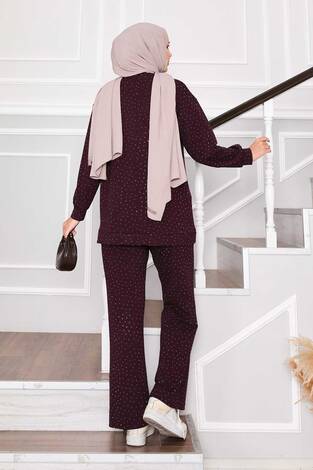 Pırıltılı Bisiklet Yaka İkili Takım Bordo - Thumbnail