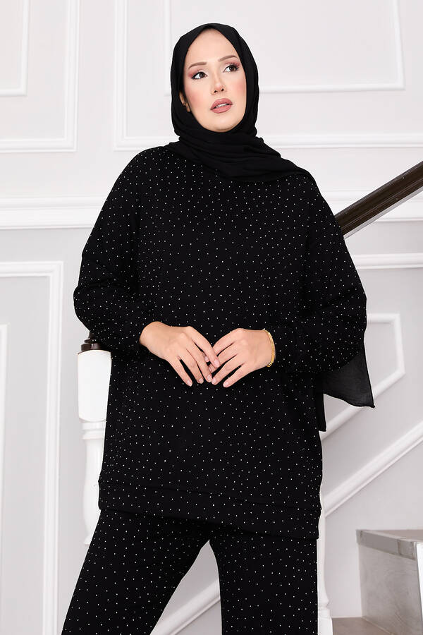 MD - Pırıltılı Bisiklet Yaka İkili Takım Siyah (1)