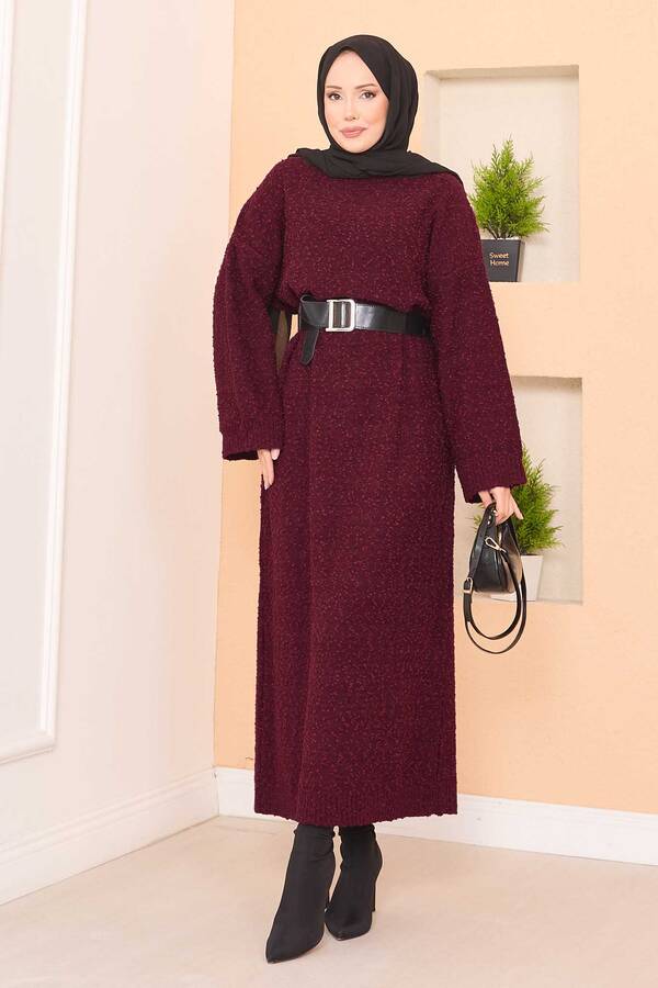 RAF - Pıtırcık Dokulu Oversize Tesettür Elbise Bordo RAF - Pıtırcık Dokulu Oversize Tesettür Elbise Bordo