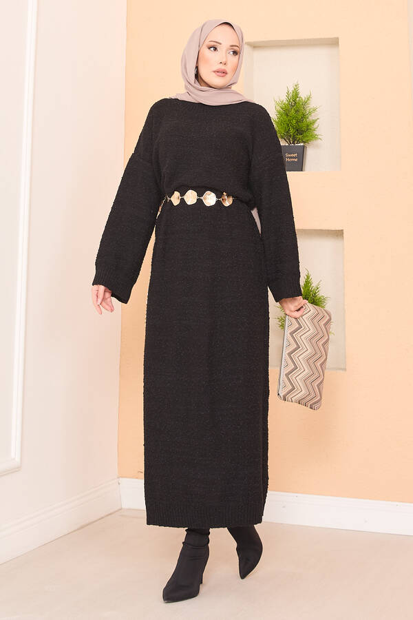 Pıtırcık Dokulu Oversize Tesettür Elbise Siyah - 4
