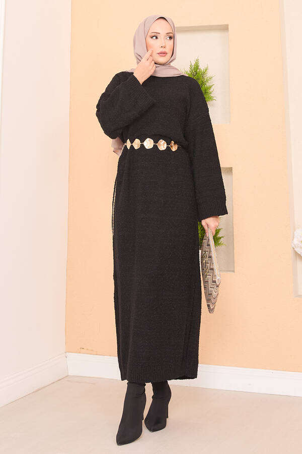 Pıtırcık Dokulu Oversize Tesettür Elbise Siyah - 5