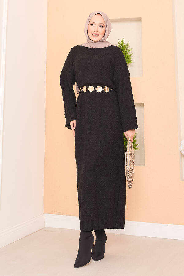 Pıtırcık Dokulu Oversize Tesettür Elbise Siyah - 6