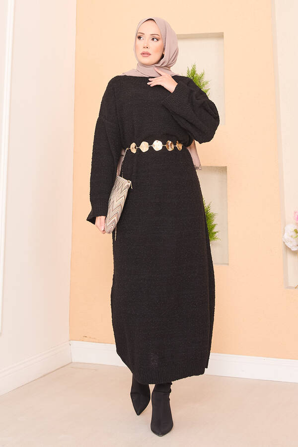 Pıtırcık Dokulu Oversize Tesettür Elbise Siyah - 7