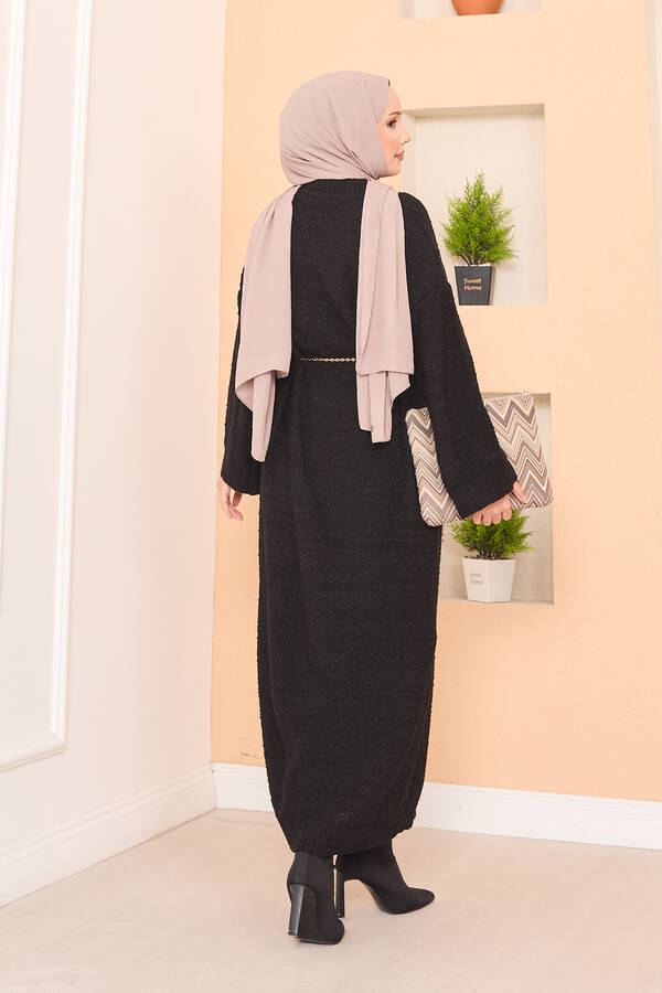 Pıtırcık Dokulu Oversize Tesettür Elbise Siyah - 8