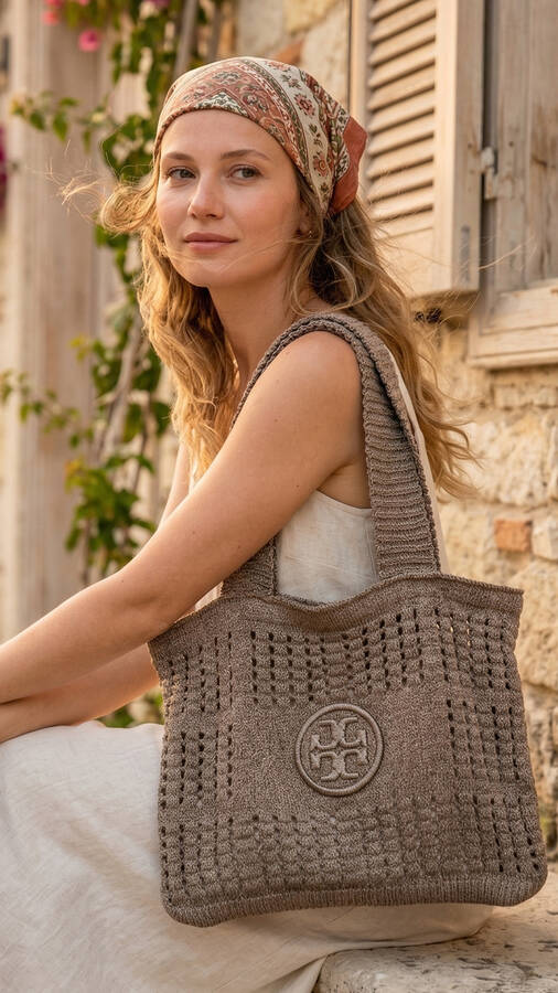 Krd - Plaj Ve Günlük Örme Yaz Çantası Vizon