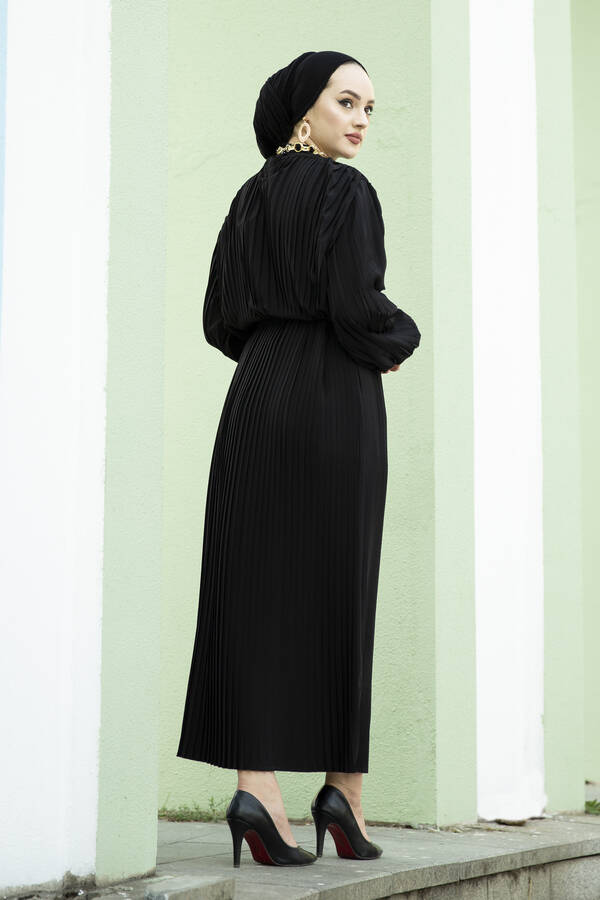 Pliseli Abiye Elbise Siyah