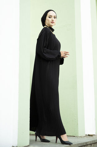 Pliseli Abiye Elbise Siyah - Thumbnail
