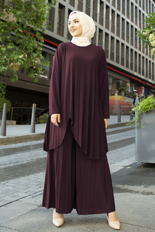 SB - Pliseli İkili Takım 180SB-9509 Bordo