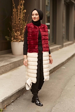 Plush Vest 2144-10 Burgundy - Ecru - Thumbnail