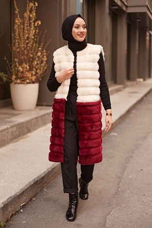 Plush Vest 2144-8 Ecru - Burgundy - Thumbnail