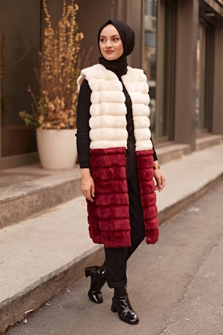 Plush Vest 2144-8 Ecru - Burgundy - Thumbnail