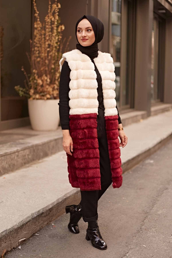 Plush Vest 2144-8 Ecru - Burgundy