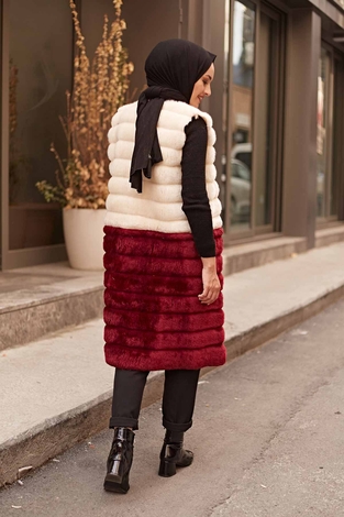 Plush Vest 2144-8 Ecru - Burgundy - Thumbnail
